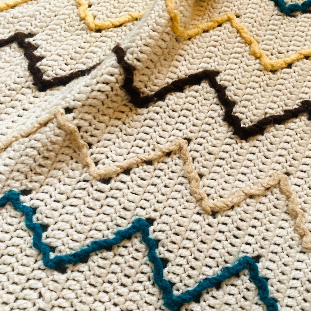 Vintage Handmade Crochet Afghan Throw Blanket Zig Zag Cream Teal Brown 59”x75” - Picture 4 of 8